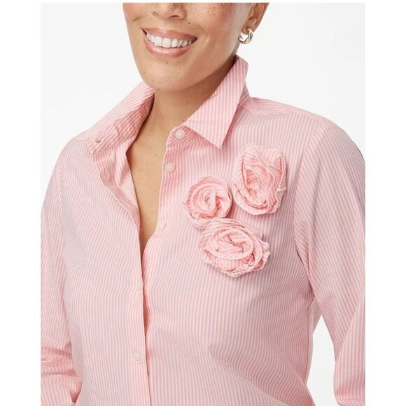 J.Crew Womens Long Sleeve Striped Rosette Button Down Blouse Top Pink Size 3X - Picture 1 of 14